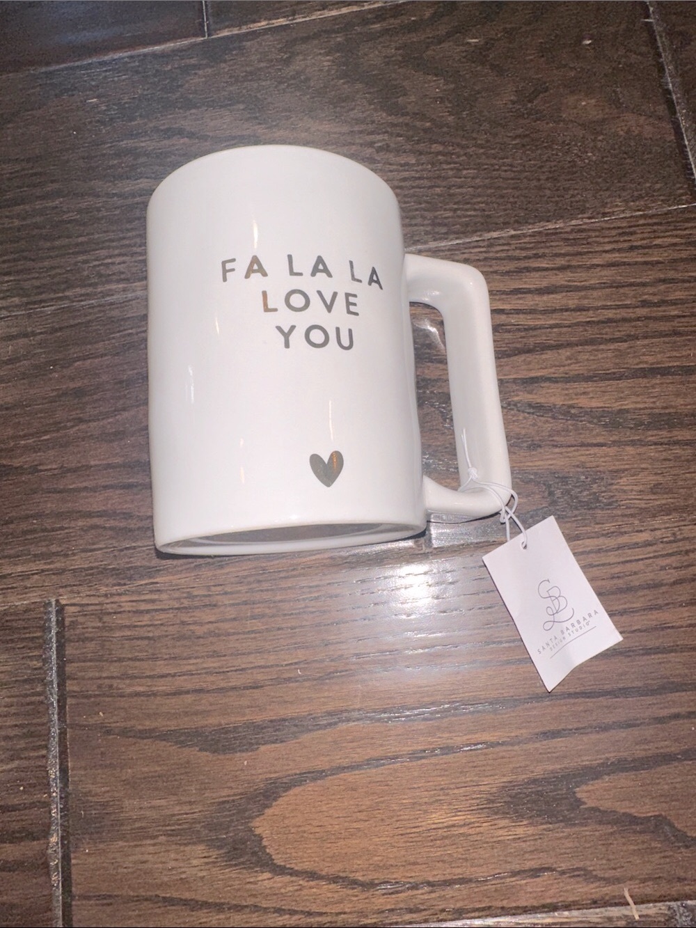 White Ceramic Mug with Gold Lettering - "FA LA LA LOVE YOU"